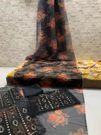 Black soft organza silk with digital flower printed work saree - Black 