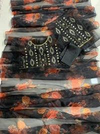 Black soft organza silk with digital flower printed work saree - Black 