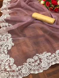 Dusty rose soft pure organza embroidered work party wear saree - dusty rose