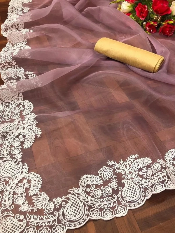 Dusty rose soft pure organza embroidered work party wear saree - dusty rose