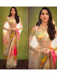 Cream organza silk digital printed saree - cream