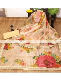Cream organza silk digital printed saree - cream