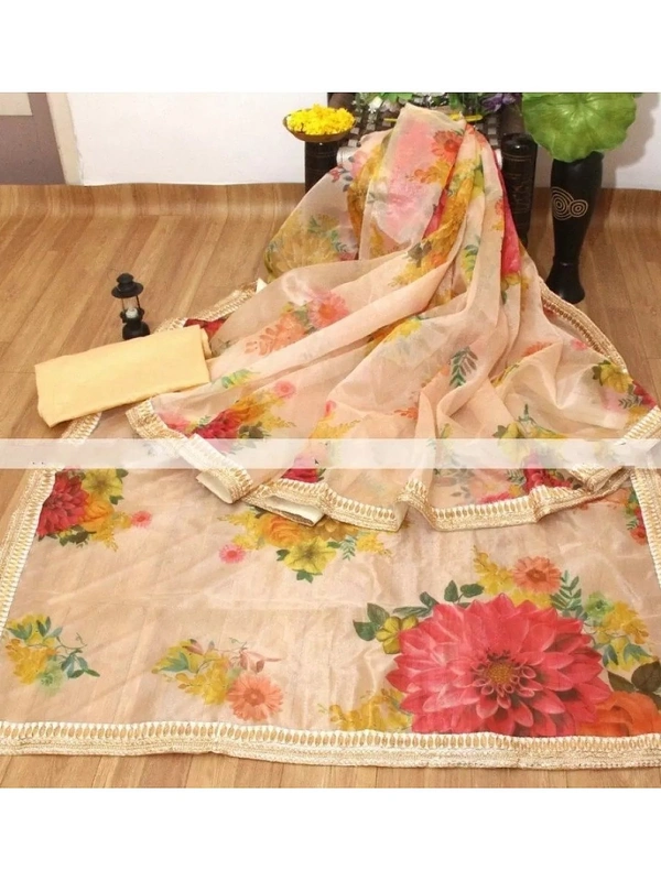 Cream organza silk digital printed saree - cream