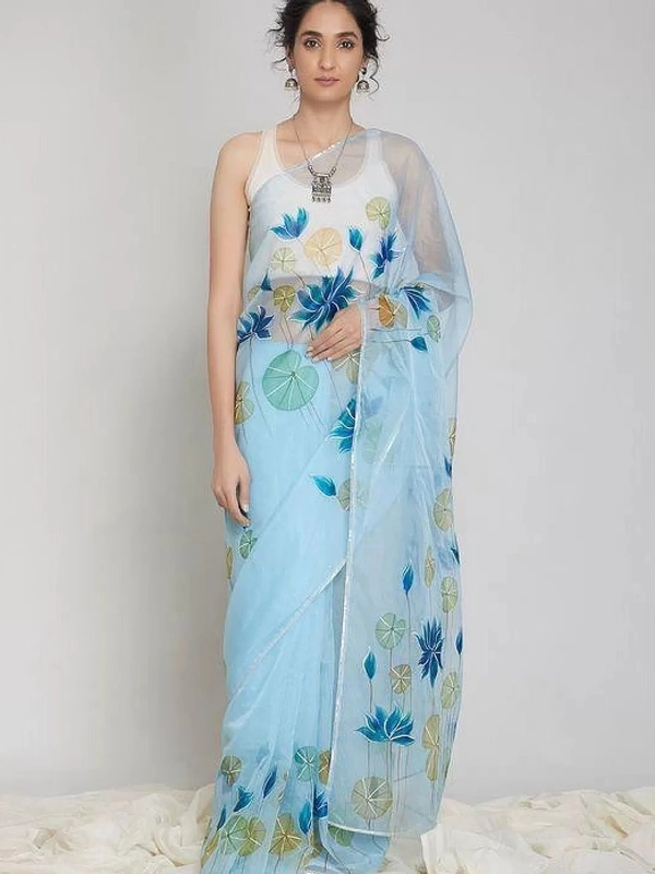 Sky blue digital printed organza saree - sky blue