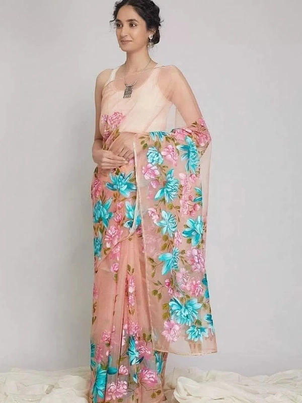 Peach floral printed organza saree - peach