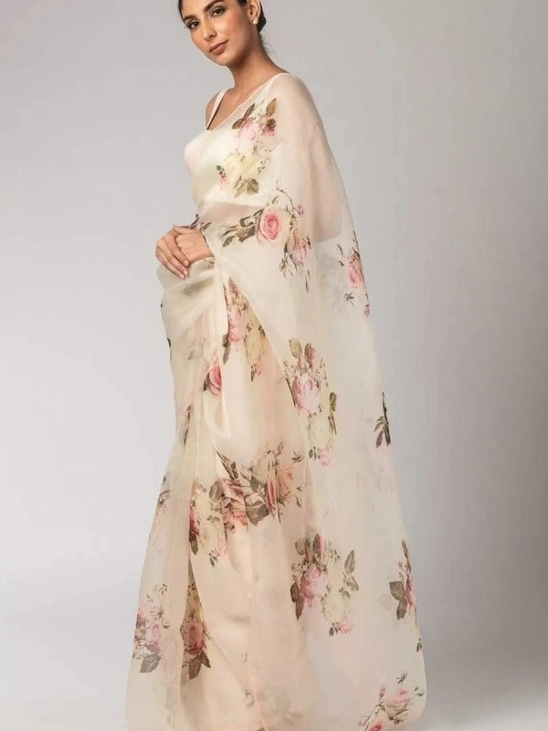 Cream flower printed organza saree - cream