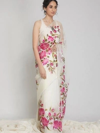 White floral printed organza saree - white