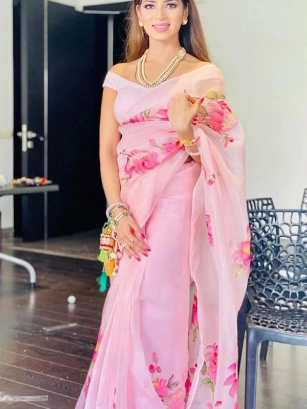Baby pink floral printed organza saree - baby pink