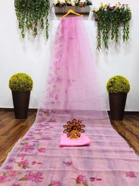 Baby pink floral printed organza saree - baby pink