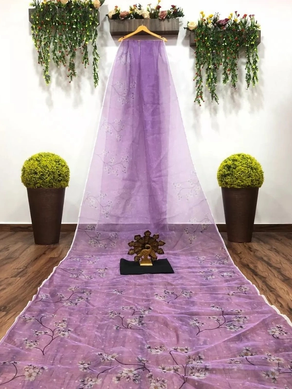 Light purple floral printed organza saree - light purple 
