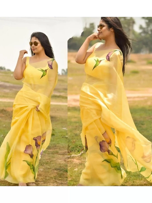 Yellow flower printed organza saree - yellow 
