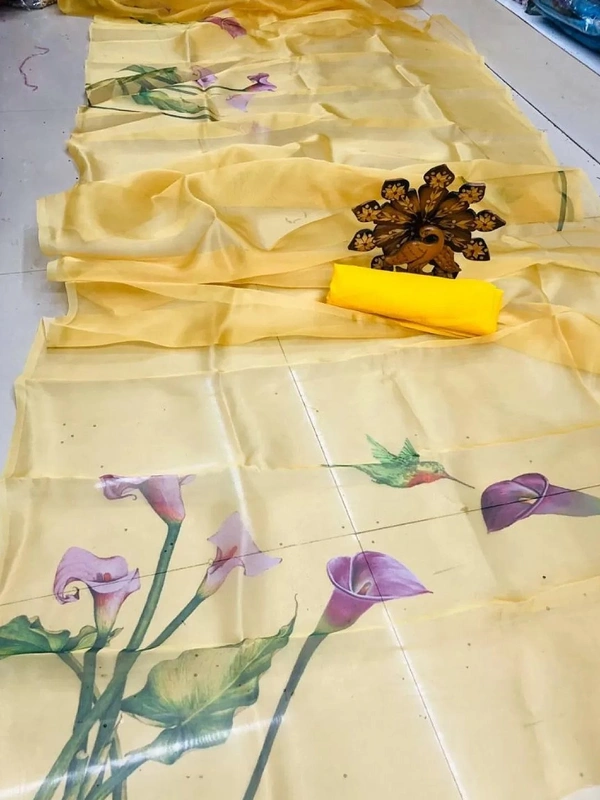 Yellow flower printed organza saree - yellow 
