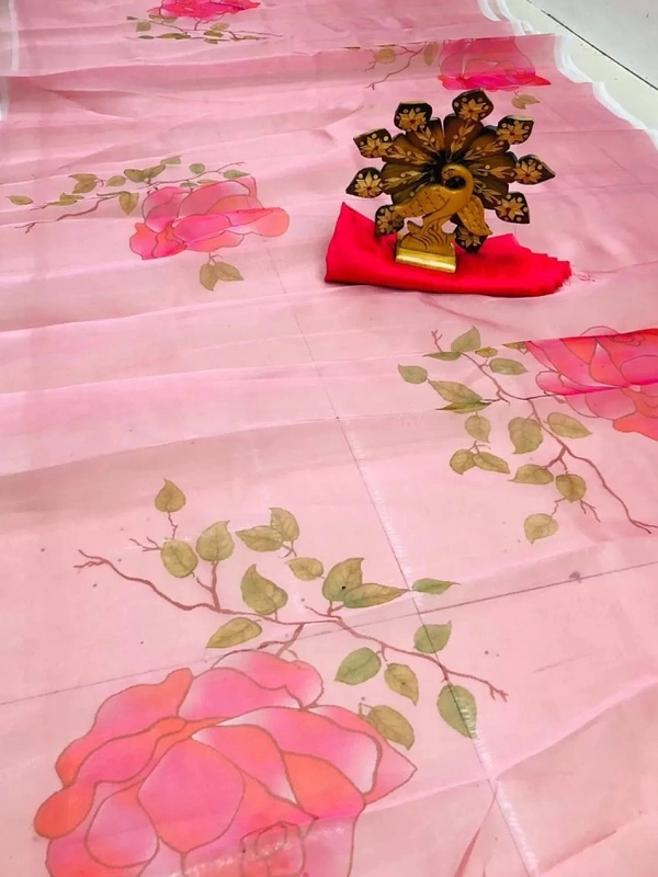 Baby pink rose flower printed organza saree - baby pink rose
