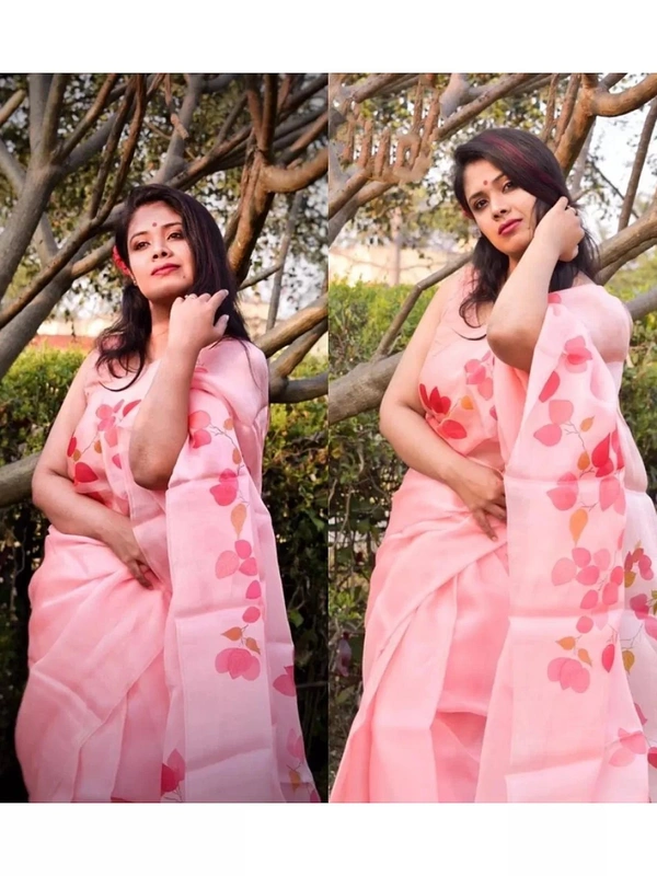 Baby pink digital printed organza saree - baby pink