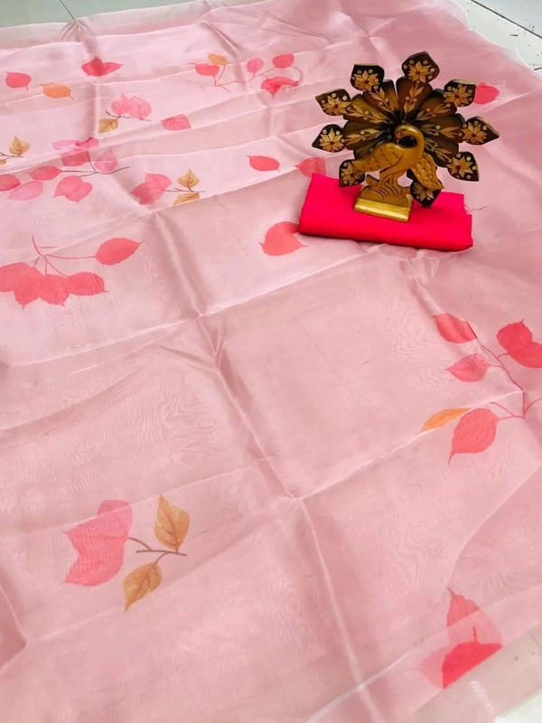 Baby pink digital printed organza saree - baby pink