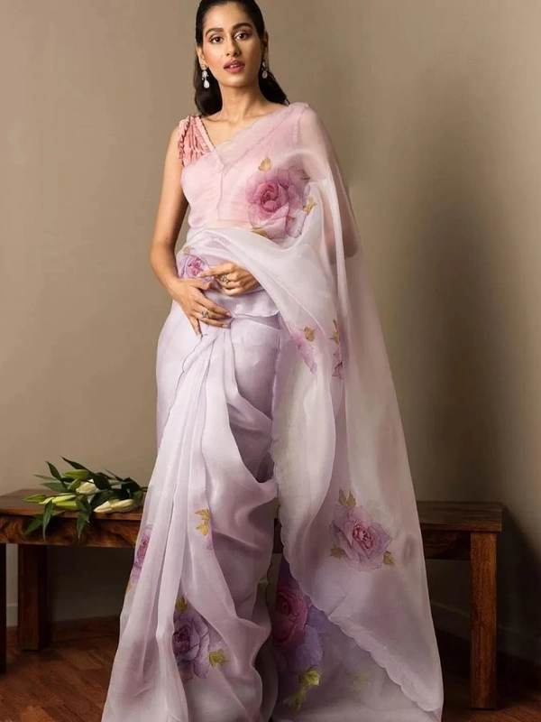 Light purple flower printed organza saree - light purple