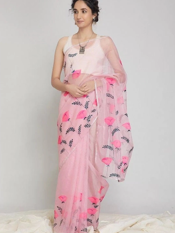 Baby pink digital printed organza saree - baby pink 