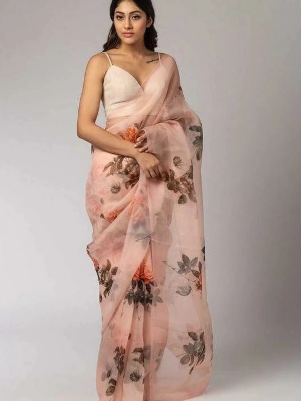Peach flower printed organza saree - peach