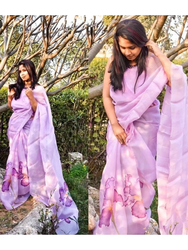 Purple flower printed organza saree - purple