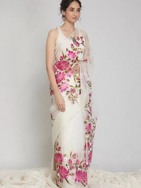 White floral printed organza saree - white
