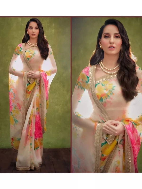 Off white organza silk floral printed designer saree - off white
