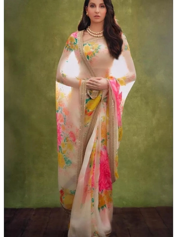 Off white organza silk floral printed designer saree - off white