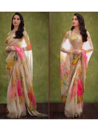 Off white organza silk floral printed designer saree - off white
