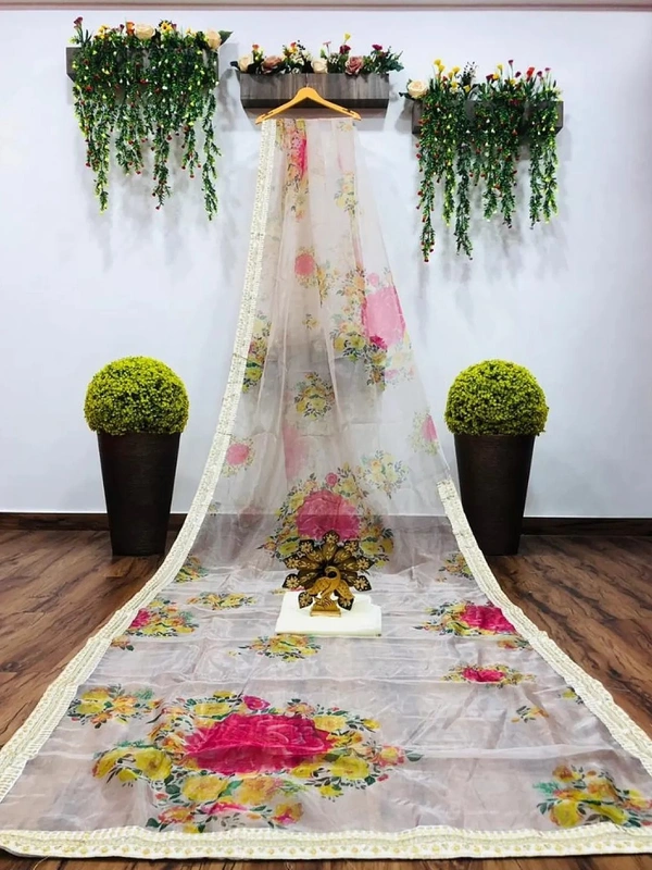 Off white organza silk floral printed designer saree - off white