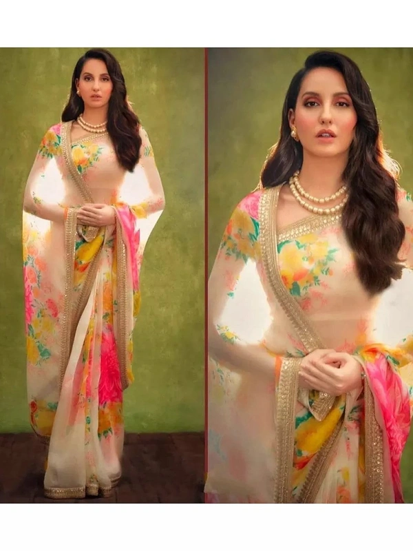 Cream organza silk digital printed saree - cream