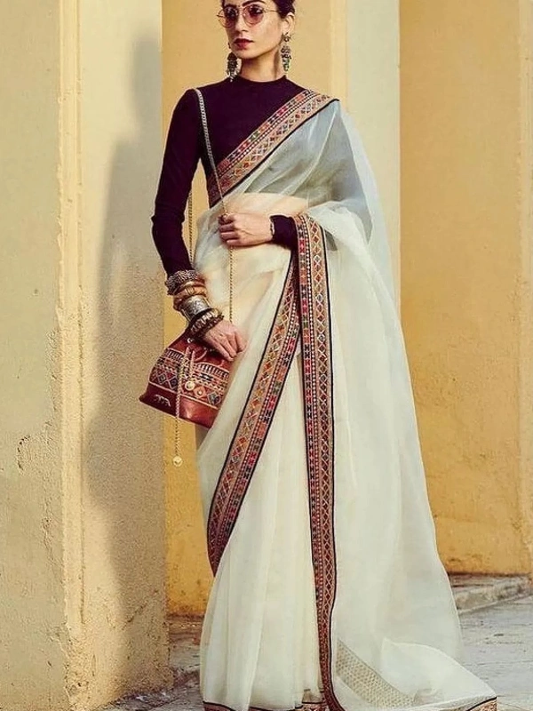Off white heavy organza threadwork border saree - white