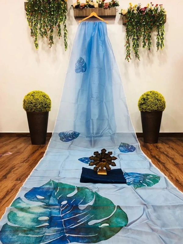 Sky blue digital printed organza saree - sky blue