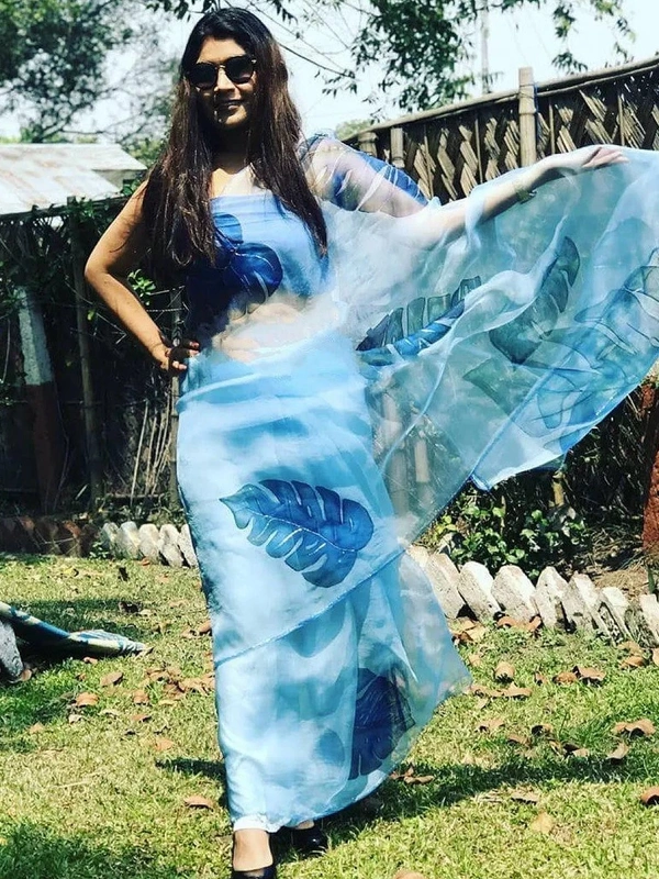Sky blue digital printed organza saree - sky blue