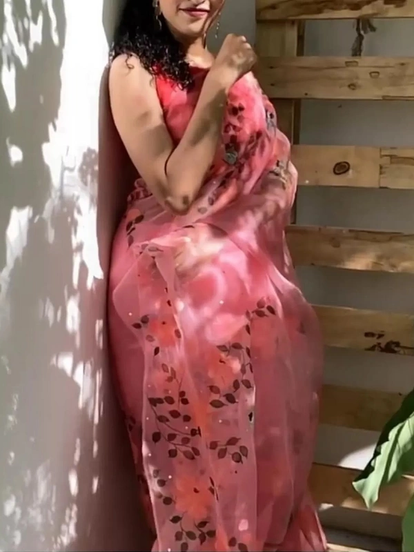 Peach digital floral printed organza saree - peach