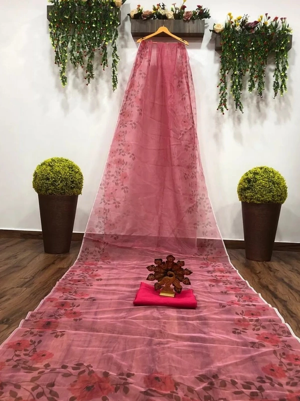 Peach digital floral printed organza saree - peach