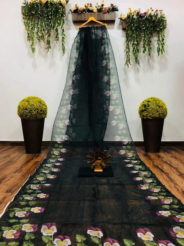 Black flower printed organza saree - black