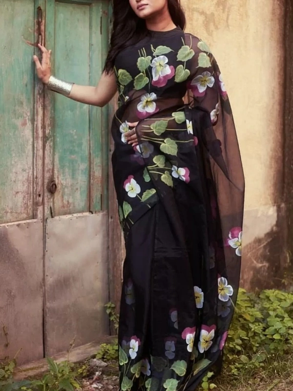 Black flower printed organza saree - black
