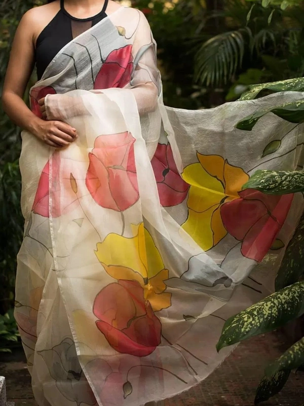 White big flower printed organza saree - white