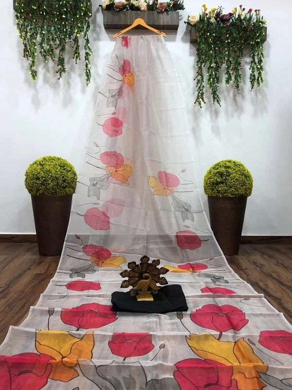 White big flower printed organza saree - white