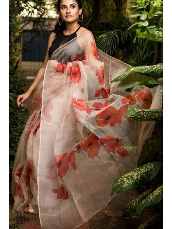 Off white floral printed organza saree - off white