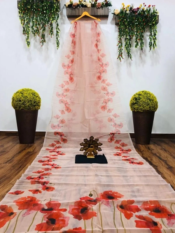 Off white floral printed organza saree - off white