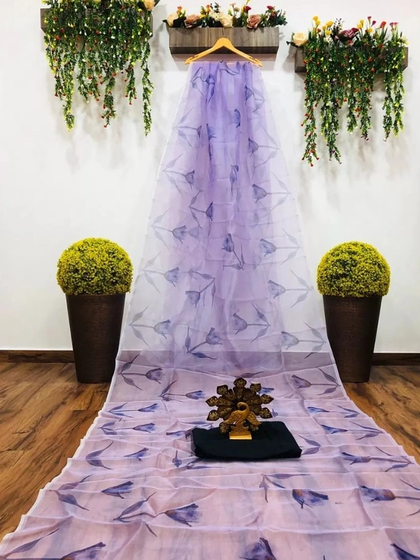 Light purple digital printed organza saree - light purple