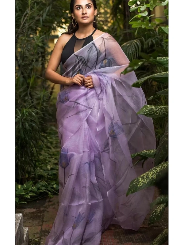 Light purple digital printed organza saree - light purple