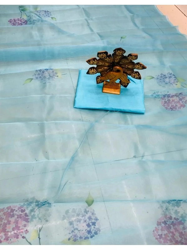 Sky blue digital printed khadi organza saree