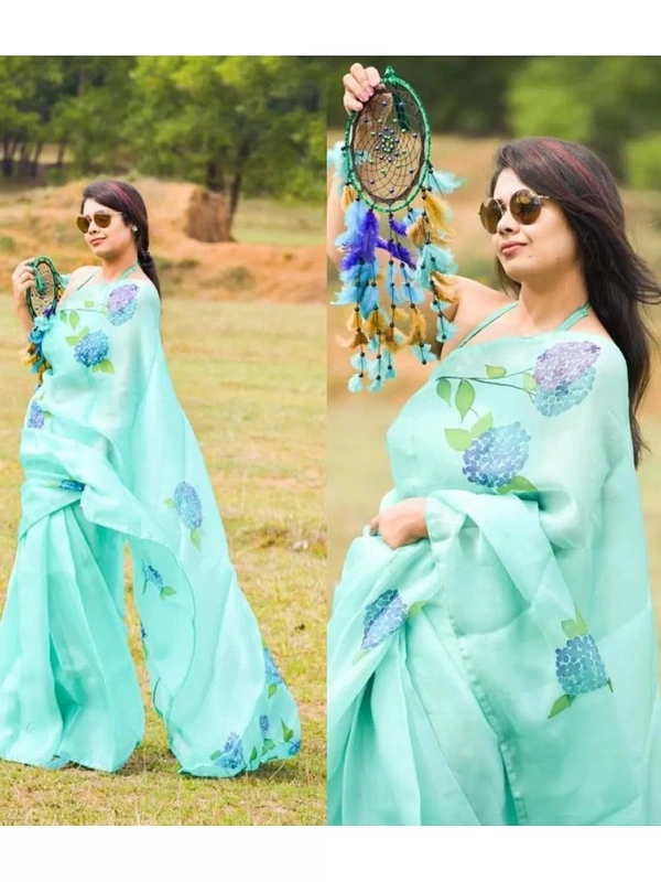 Sky blue digital printed khadi organza saree