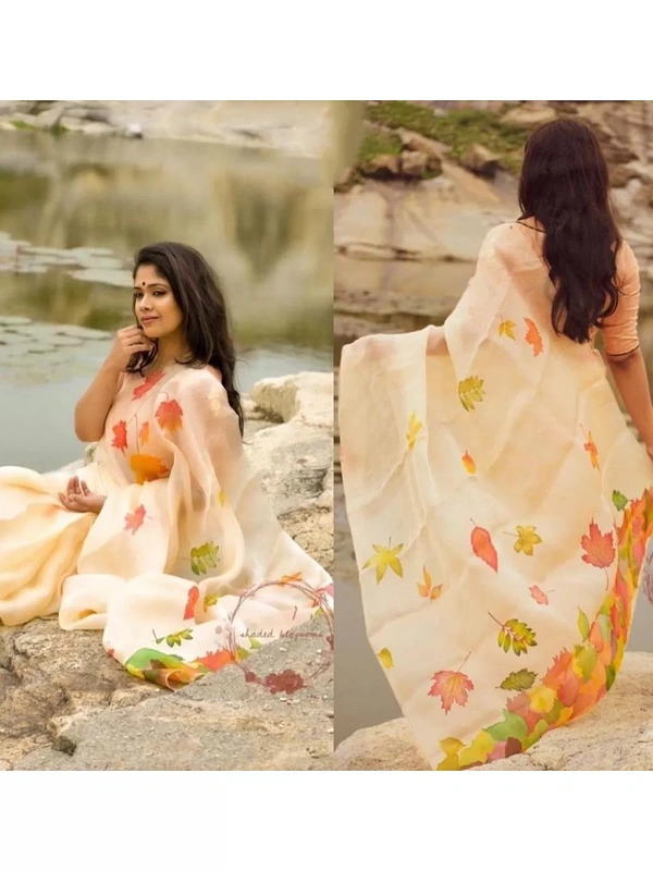 Cream digital printed khadi organza saree