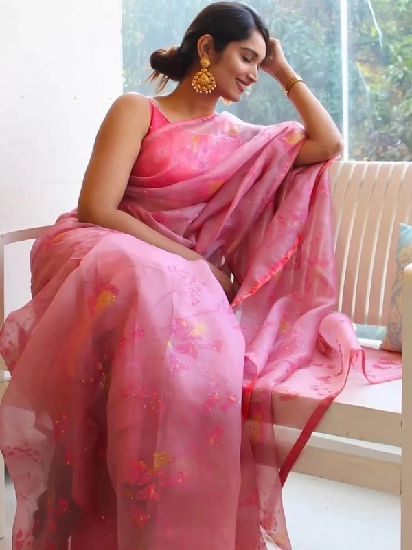 Baby pink digital printed khadi organza saree - baby pink