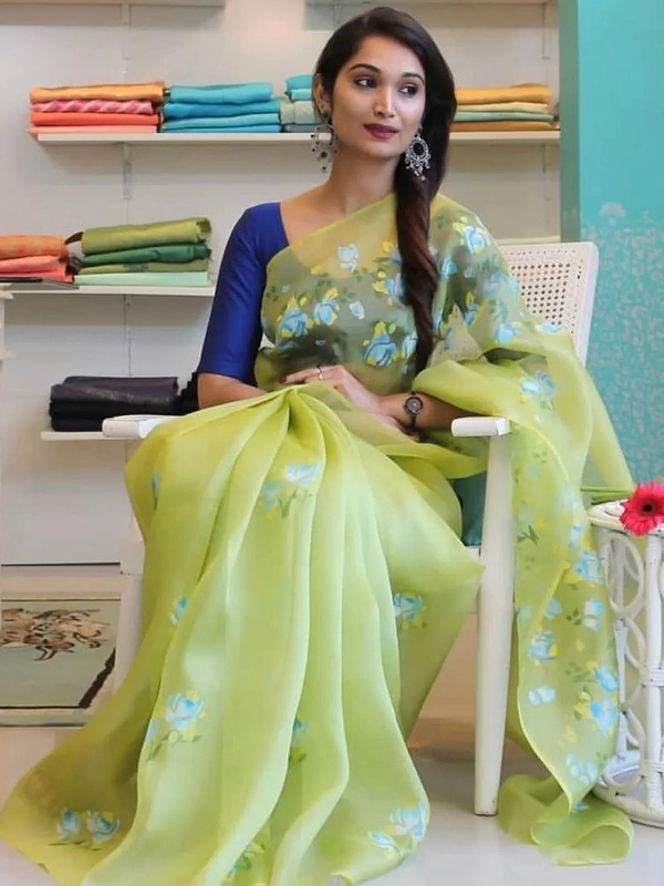 Pista green digital printed khadi organza saree