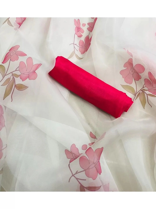 White flower printed organza saree