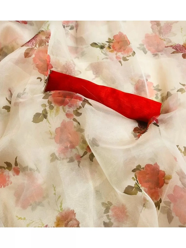 White flower printed organza saree