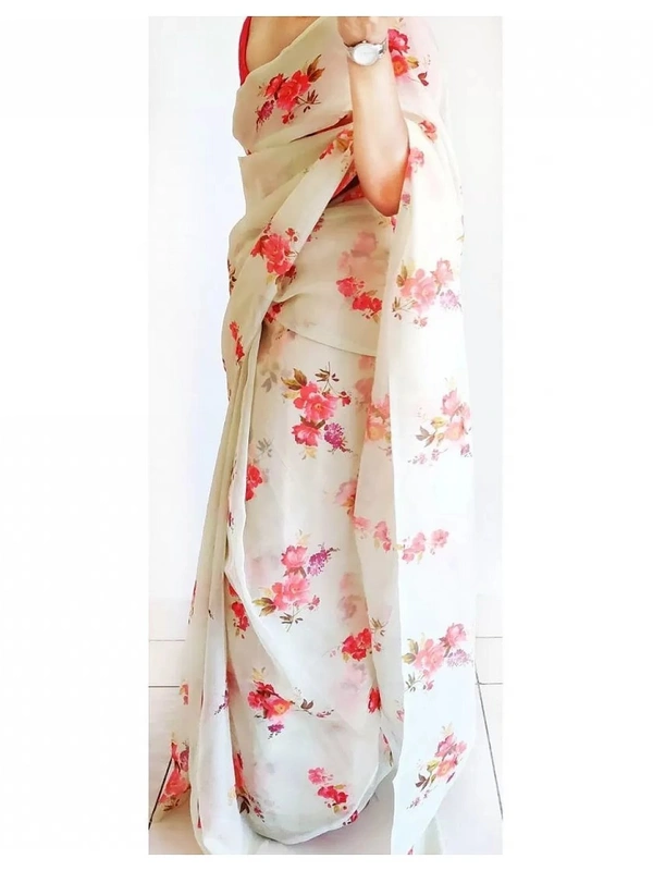 White flower printed organza saree